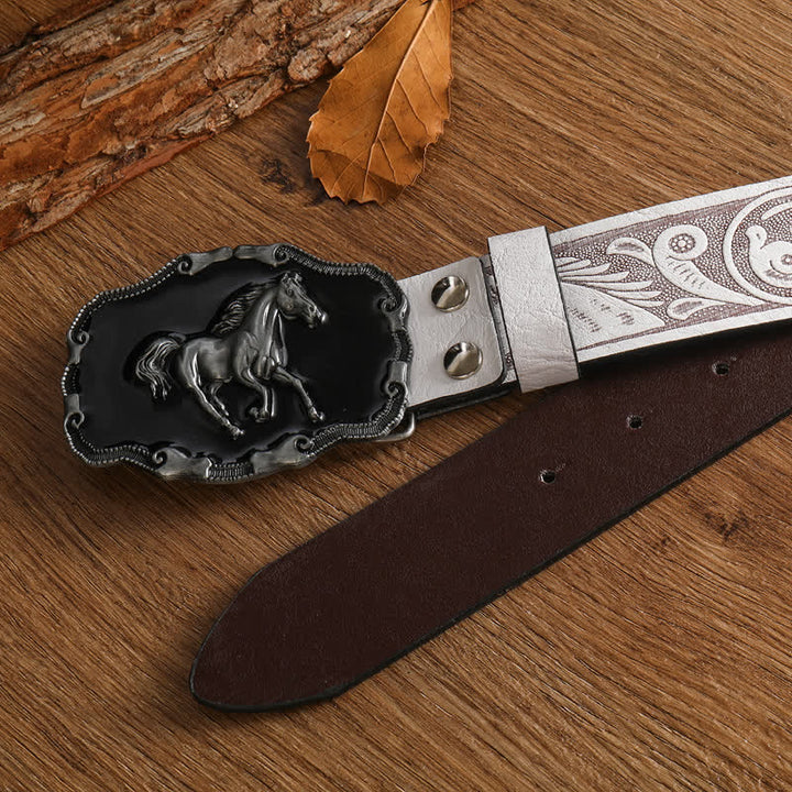 Ceinture en cuir noir argenté pour homme avec cheval au galop
