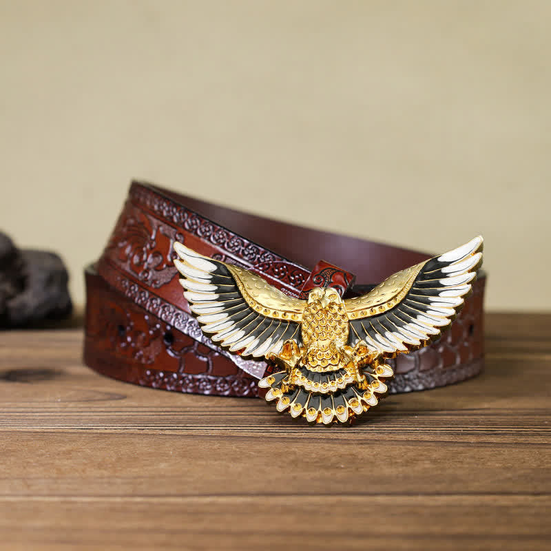 Ceinture en cuir à boucle pour homme avec ailes déployées et motif aigle royal