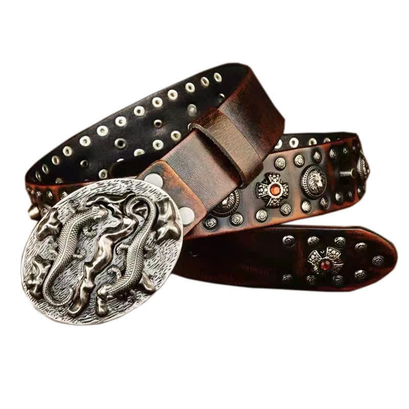 Ceinture en cuir cloutée à ornement lion rubis pour homme