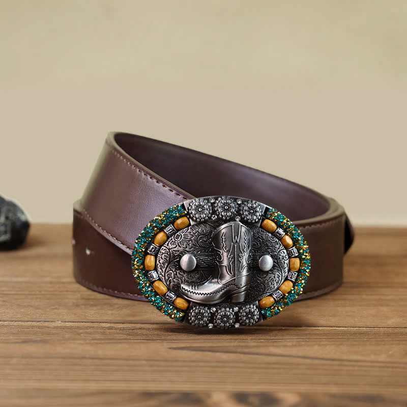 Ceinture en cuir avec boucle de botte en perles de bois et strass pour homme