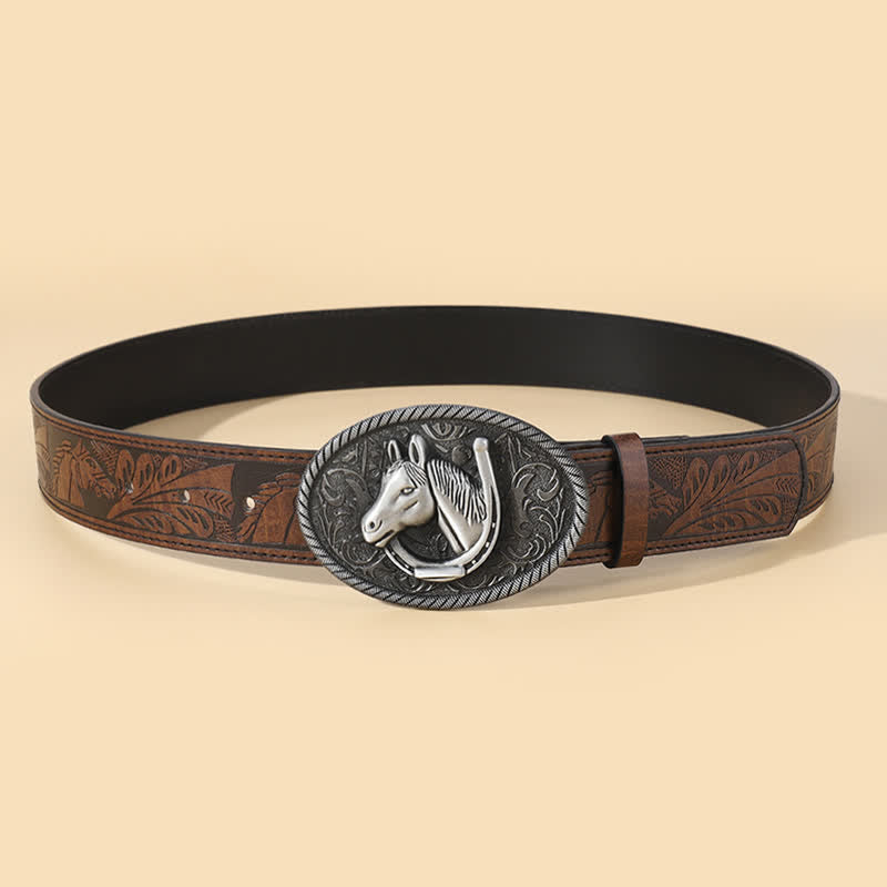 Ceinture en cuir marron à motif tête de cheval en relief pour homme