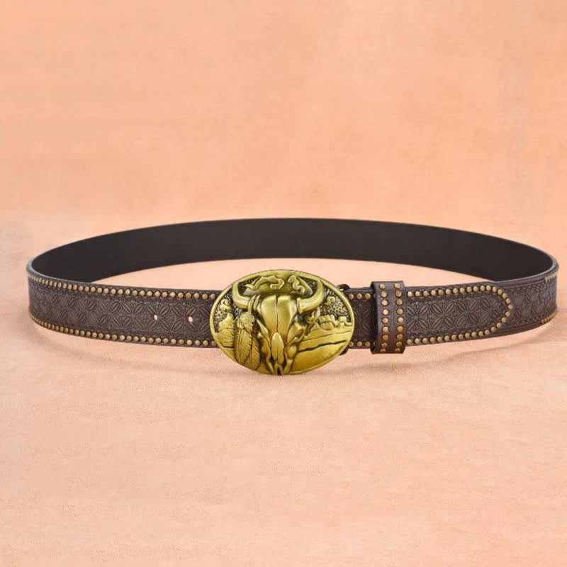 Ceinture en cuir avec boucle et rivets pour homme avec tête de taureau