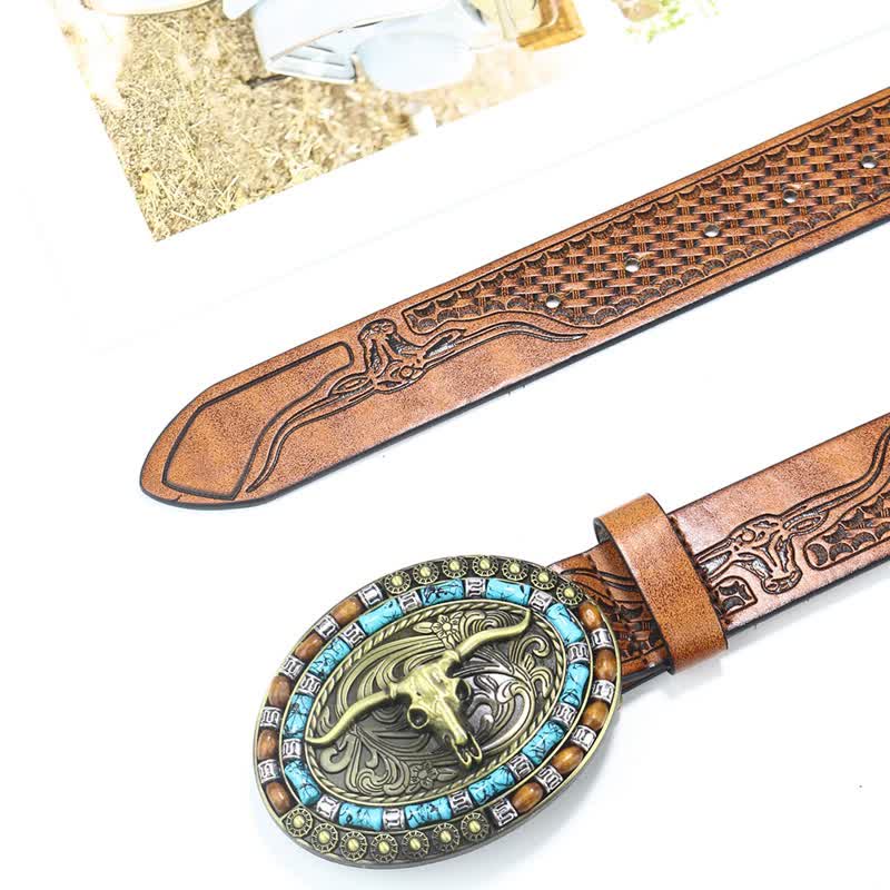 Ceinture en cuir de taureau turquoise pour homme style western cowboy