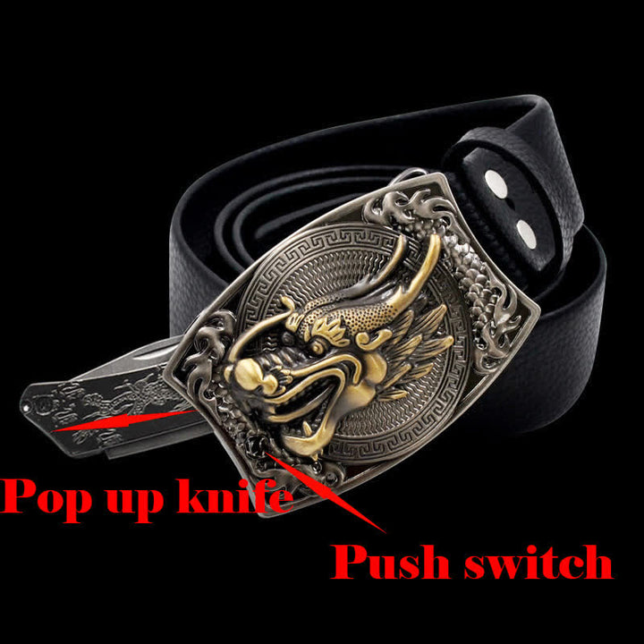 Ceinture en cuir pour homme avec tête de dragon dorée et couteau pliant