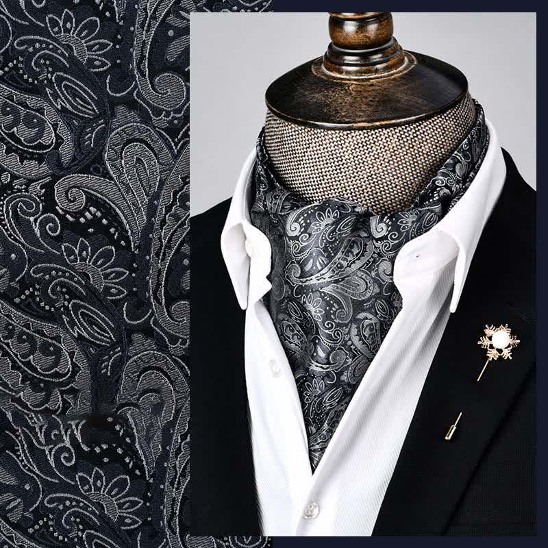 Cravate Ascot Paisley florale moderne noire et blanche