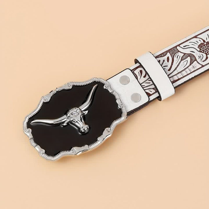 Ceinture en cuir noir pour homme avec tête de taureau Western Longhorn