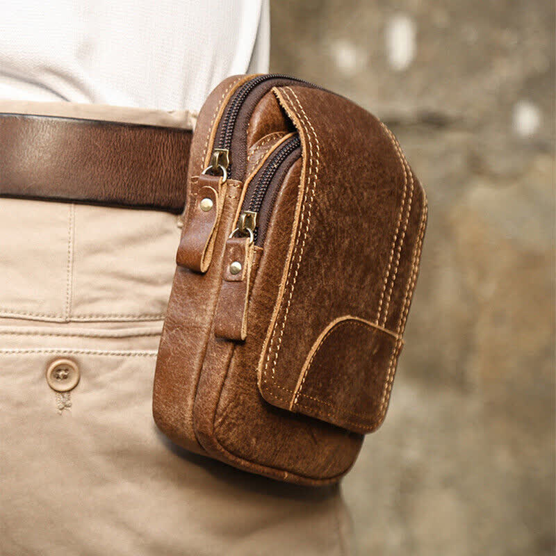 Sac ceinture de voyage en cuir nubuck avec fermeture éclair et bouton-pression magnétique