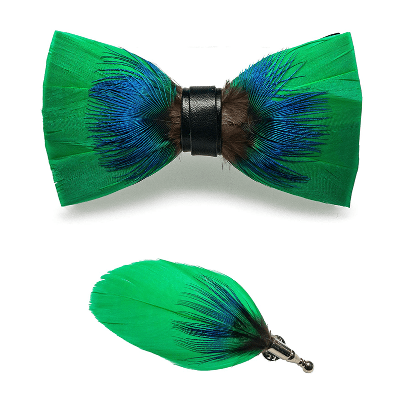 Nœud papillon fantaisie bleu et vert avec plumes et épingle à revers