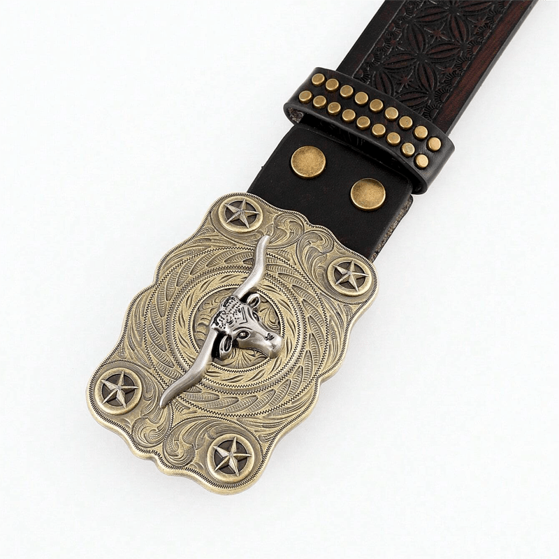 Ceinture en cuir cloutée à tête de taureau Longhorn pour homme