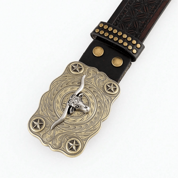 Ceinture en cuir cloutée à tête de taureau Longhorn pour homme
