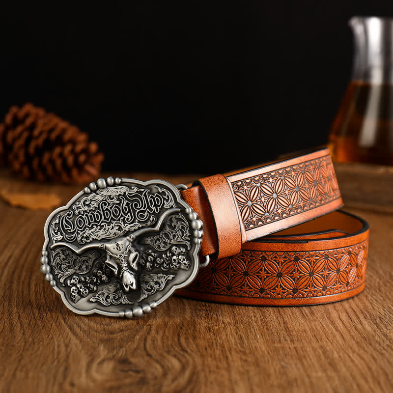 Ceinture en cuir de taureau avec tête de mort et motif de cowboy gothique pour homme