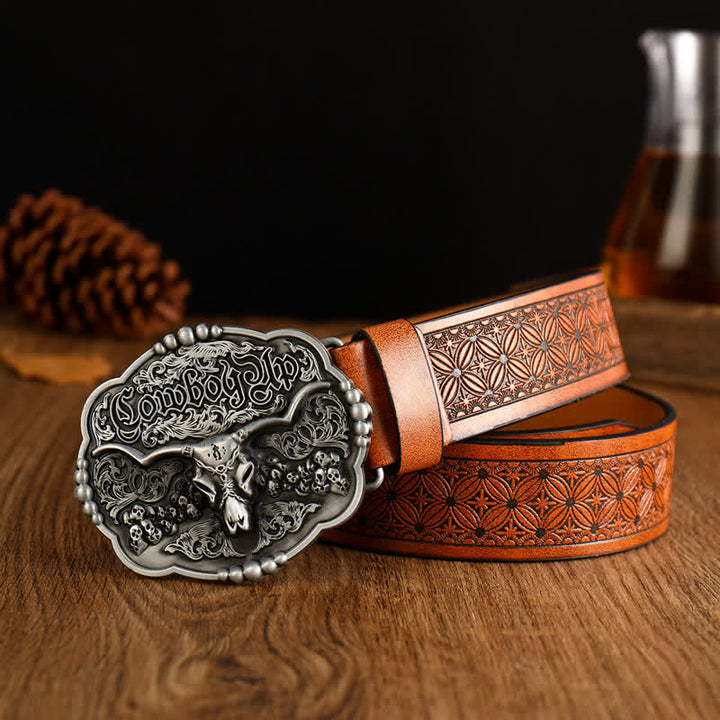 Ceinture en cuir de taureau avec tête de mort et motif de cowboy gothique pour homme