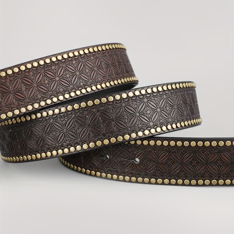 Ceinture en cuir marron foncé avec tête de taureau en relief pour homme