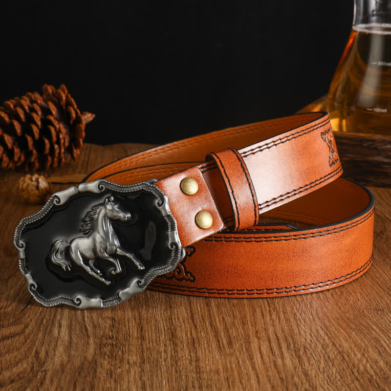 Ceinture en cuir noir argenté pour homme avec cheval au galop