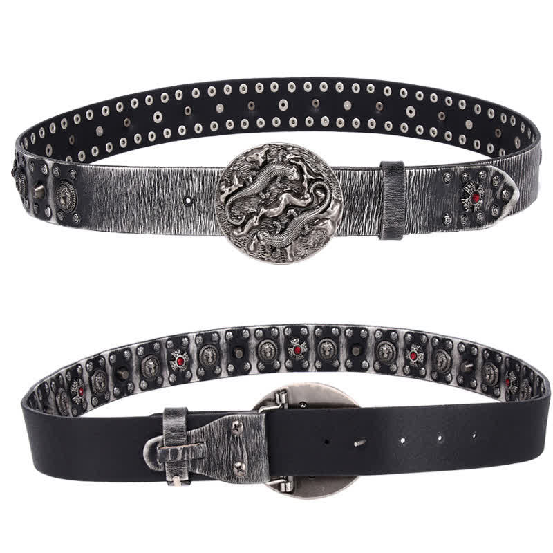 Ceinture en cuir cloutée à ornement lion rubis pour homme