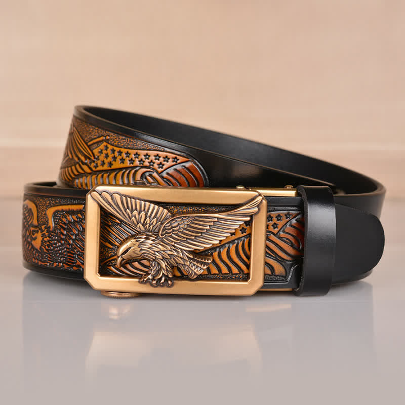 Ceinture en cuir gaufré à boucle aigle creuse pour homme