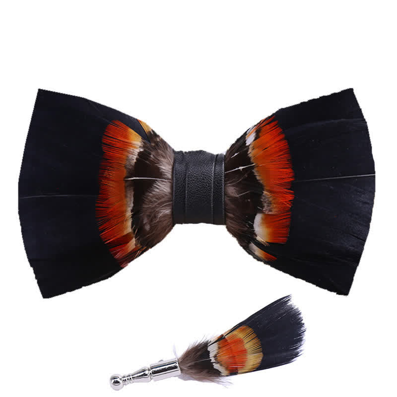 Nœud papillon à plumes noir et orange avec épingle à revers