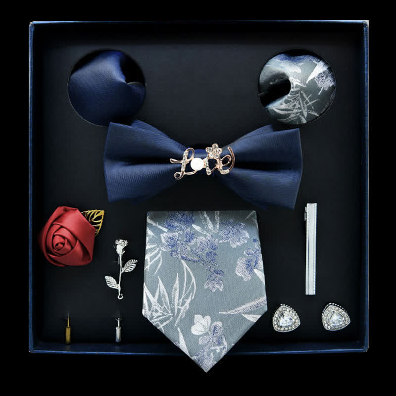 Lot de 8 nœuds papillon décontracté à motif floral bleu et gris, coffret cadeau