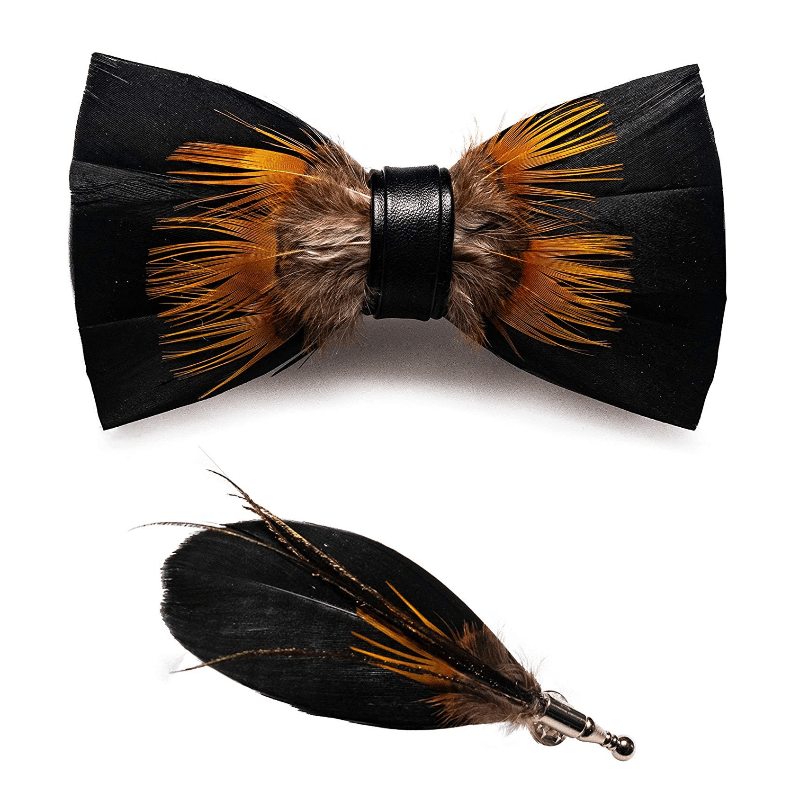 Nœud papillon en plumes de tournesol orange et noir avec épingle à revers