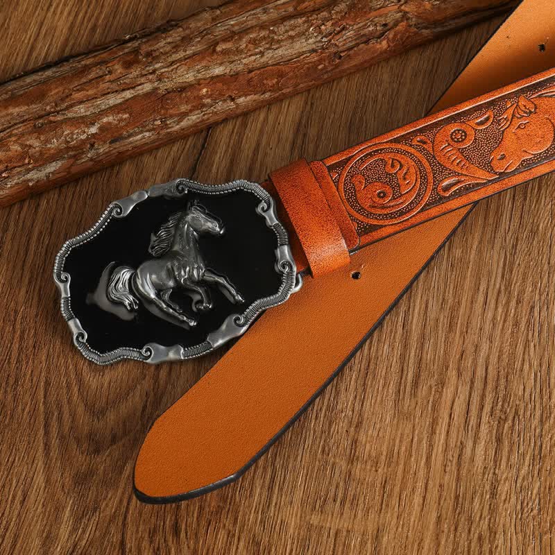Ceinture en cuir noir argenté pour homme avec cheval au galop