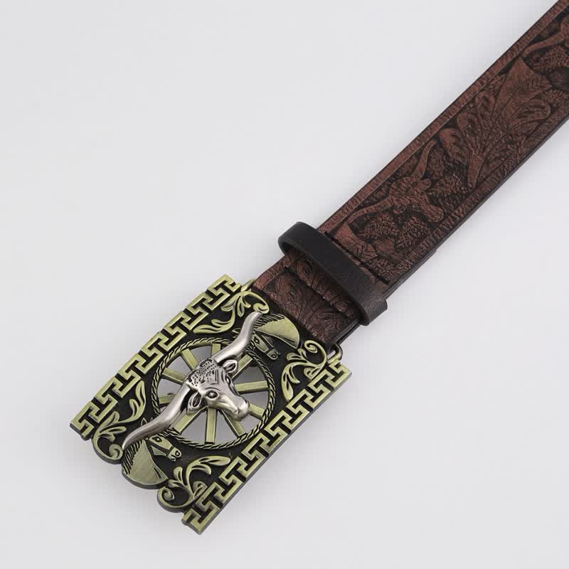 Ceinture en cuir pour homme avec boucle creuse en bronze et taureau
