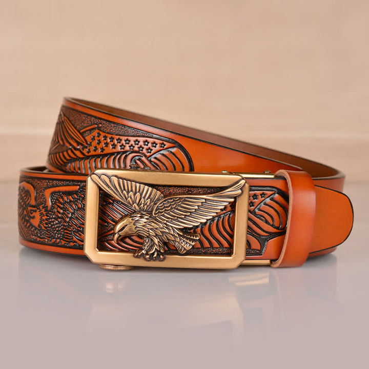 Ceinture en cuir gaufré à boucle aigle creuse pour homme