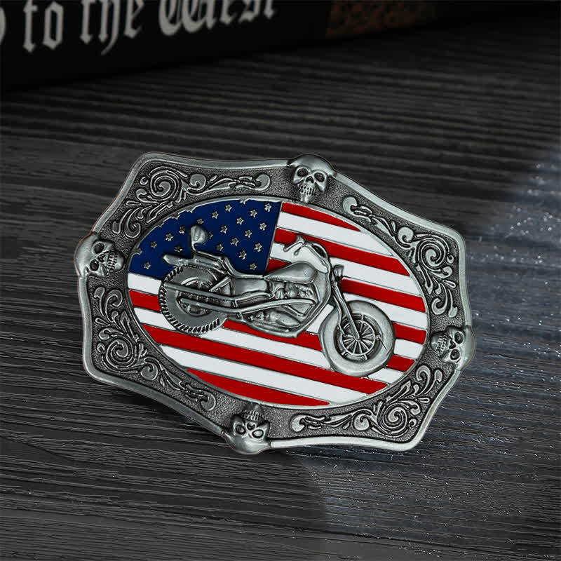 Ceinture en cuir à boucle tête de mort pour homme avec drapeau américain et moto