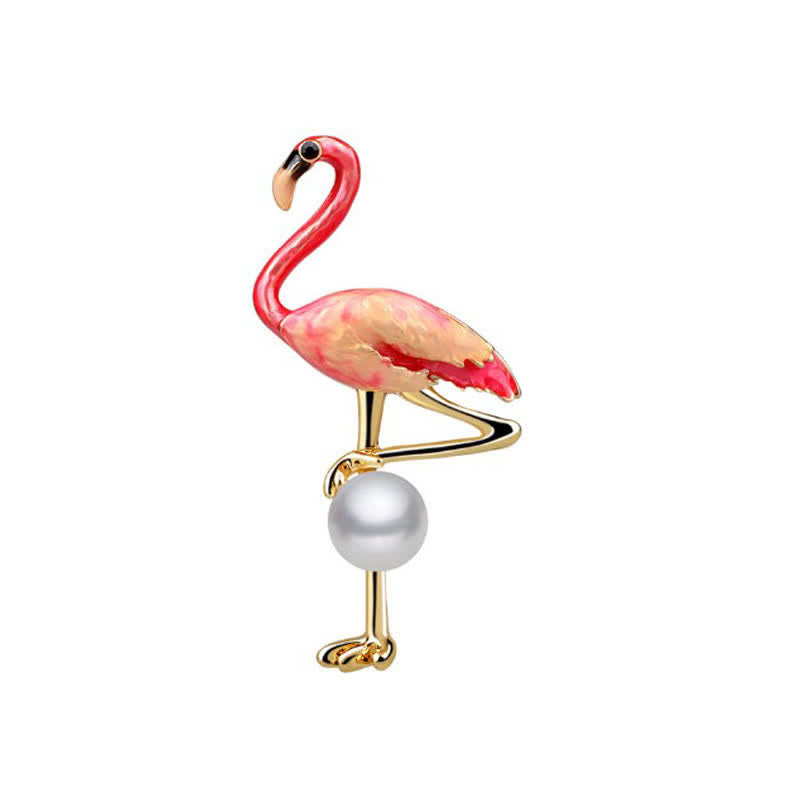 Broche flamant rose émaillée avec perle pour femme