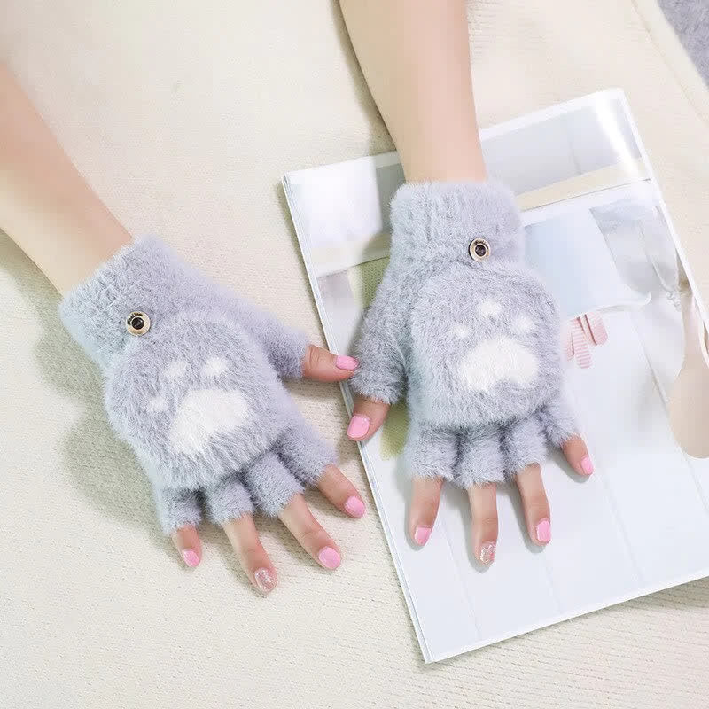 Mitaines chaudes à imprimé pattes de chat pour femmes, gants moelleux