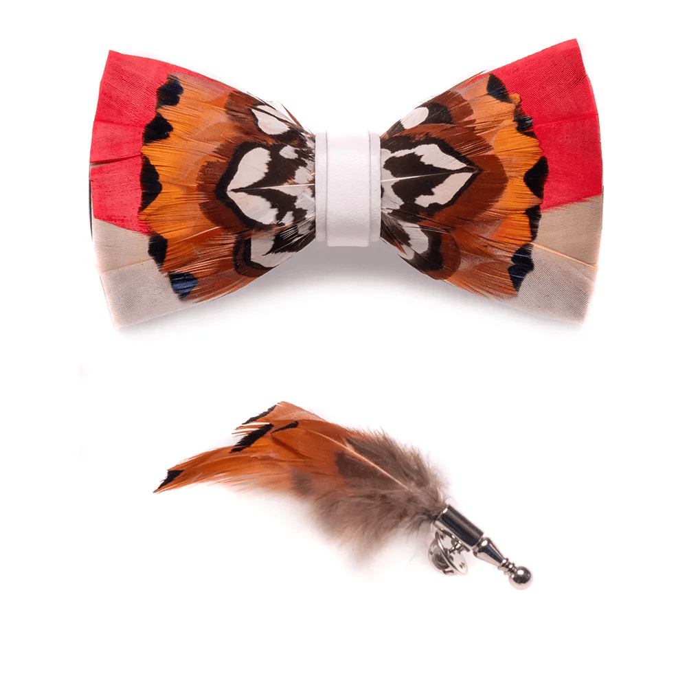 Nœud papillon à plumes vives orange et blanc avec épingle à revers