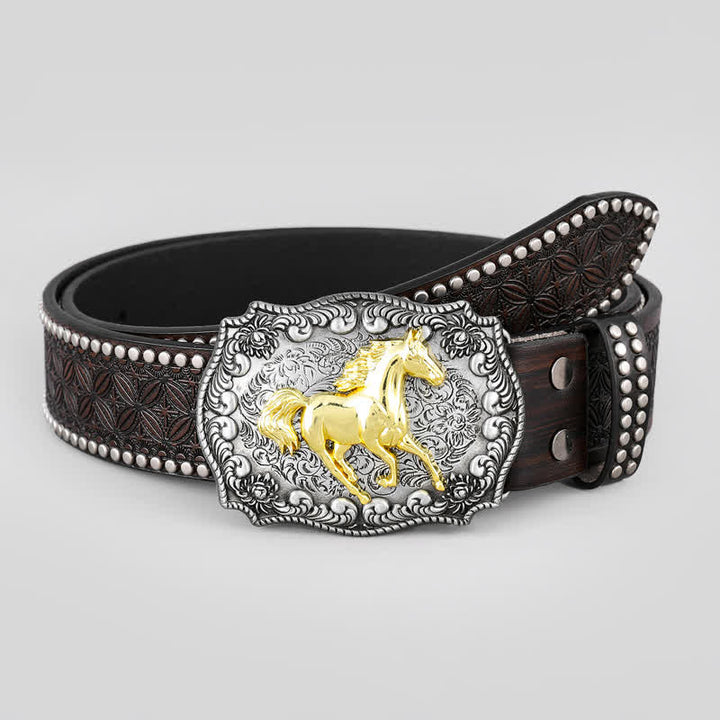 Ceinture en cuir pour homme avec décor de rivets et cheval de course doré