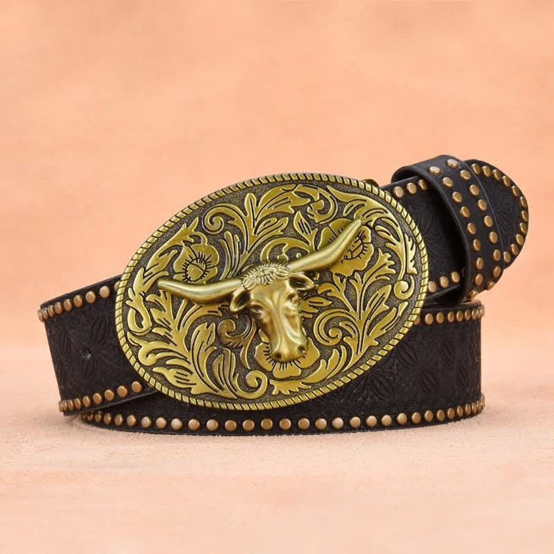 Ceinture en cuir gaufré à rivets tête de taureau pour homme