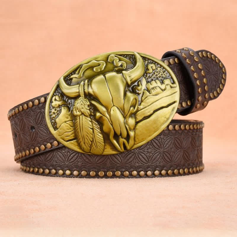 Ceinture en cuir avec boucle et rivets pour homme avec tête de taureau