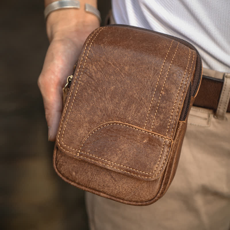 Sac ceinture de voyage en cuir nubuck avec fermeture éclair et bouton-pression magnétique