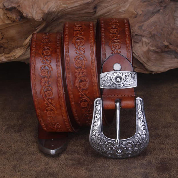 Ceinture unisexe en cuir à imprimé floral et texture rustique