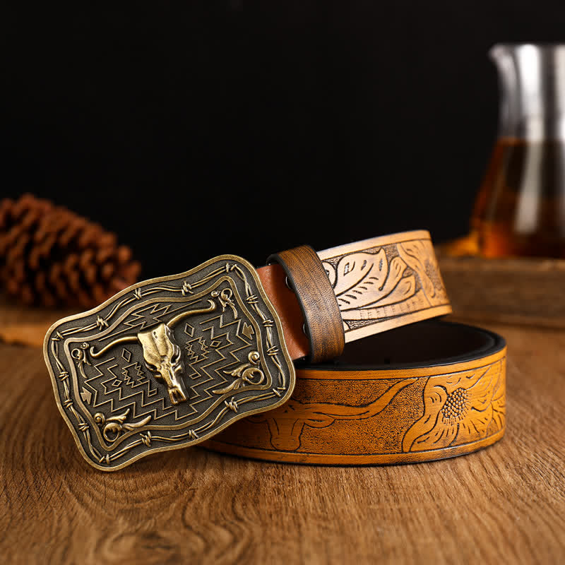 Ceinture en cuir pour homme avec tête de taureau totem western