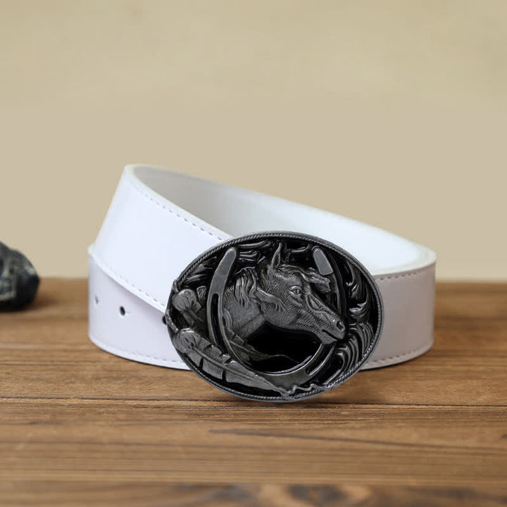 Ceinture en cuir avec boucle en émail noir pour homme en forme de fer à cheval