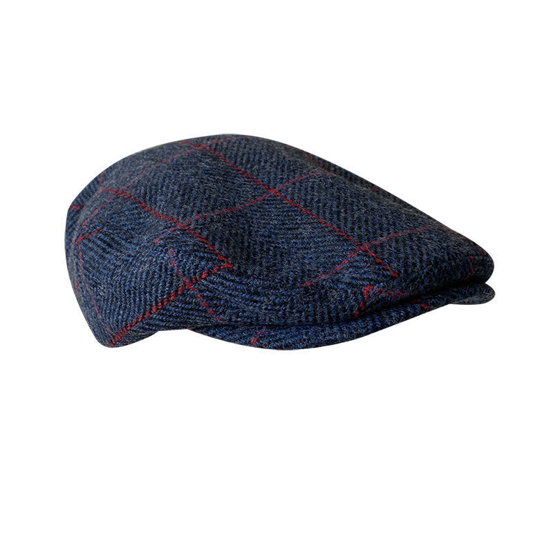 Casquette béret à carreaux bleu foncé et rouge de campagne