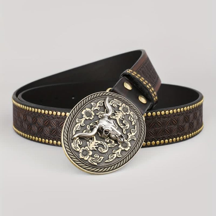 Ceinture en cuir marron foncé avec tête de taureau en relief pour homme