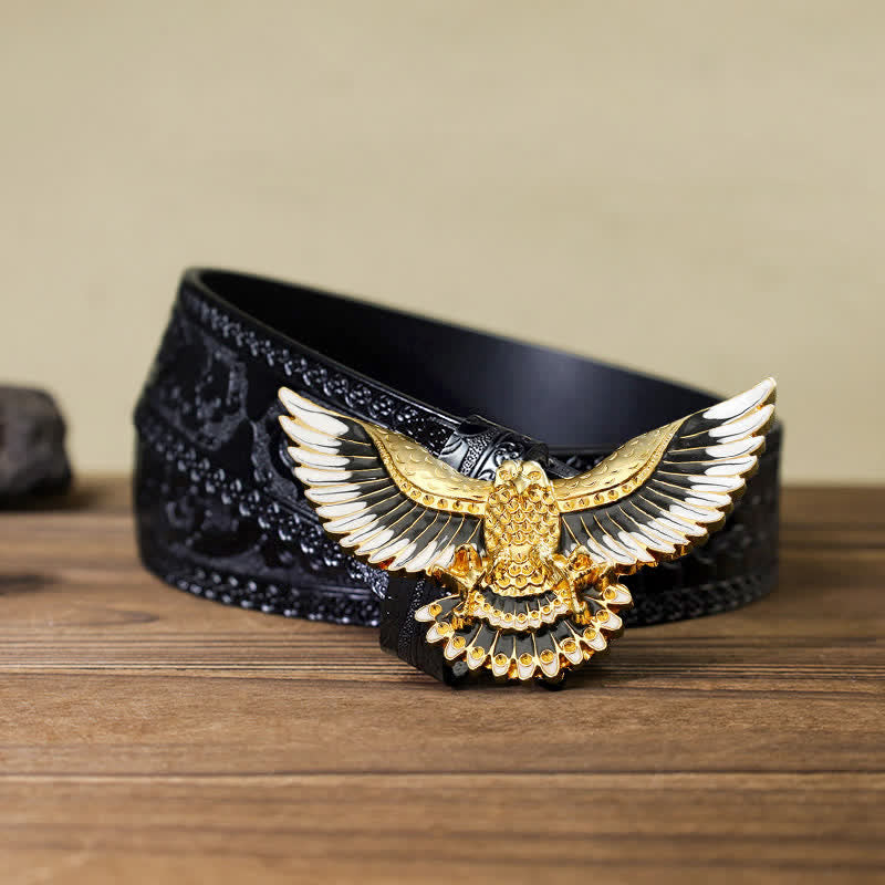 Ceinture en cuir à boucle pour homme avec ailes déployées et motif aigle royal