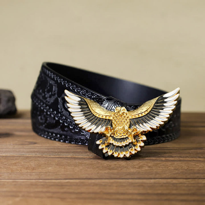 Ceinture en cuir à boucle pour homme avec ailes déployées et motif aigle royal