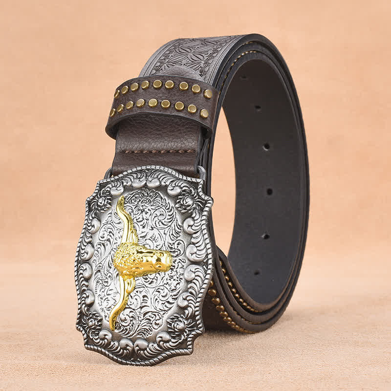 Ceinture en cuir de taureau à longues cornes dorées et rivets punk pour homme