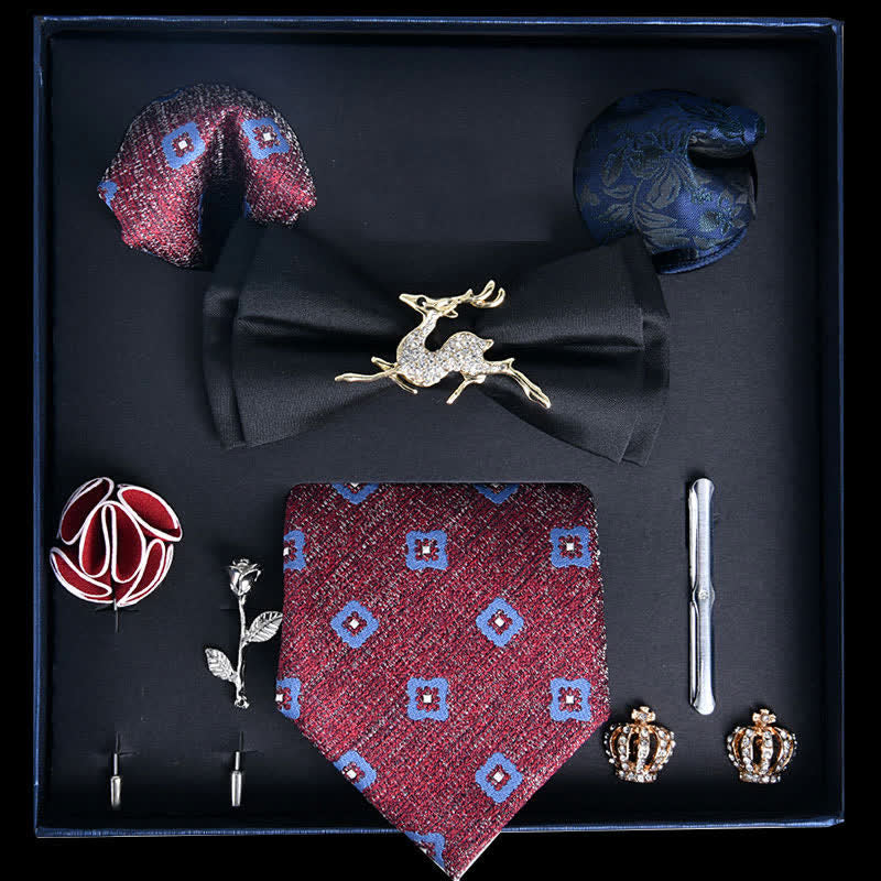 Coffret cadeau de 8 nœuds papillon de luxe à imprimé noble noir et marron rosé