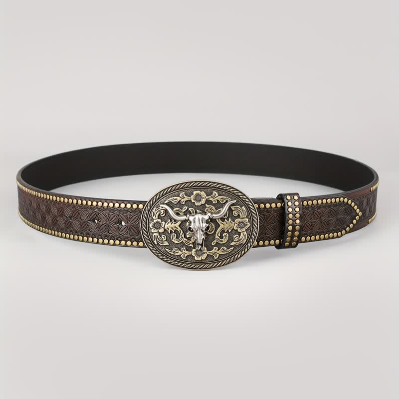 Ceinture en cuir marron foncé avec tête de taureau en relief pour homme