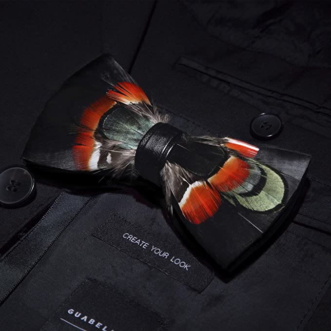 Nœud papillon en plumes de canard noir et rouge vert avec épingle à revers