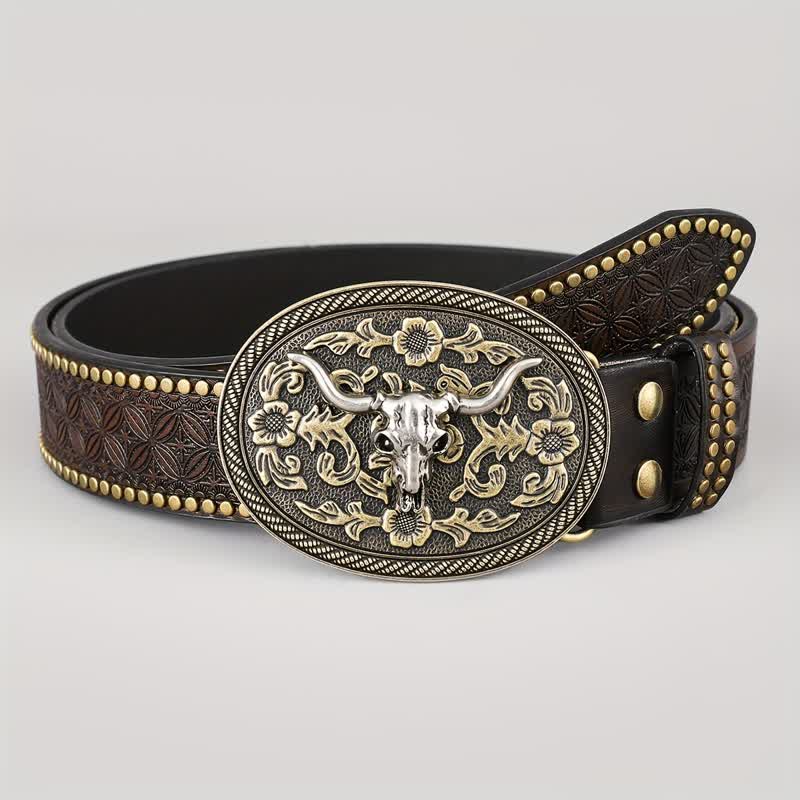 Ceinture en cuir marron foncé avec tête de taureau en relief pour homme