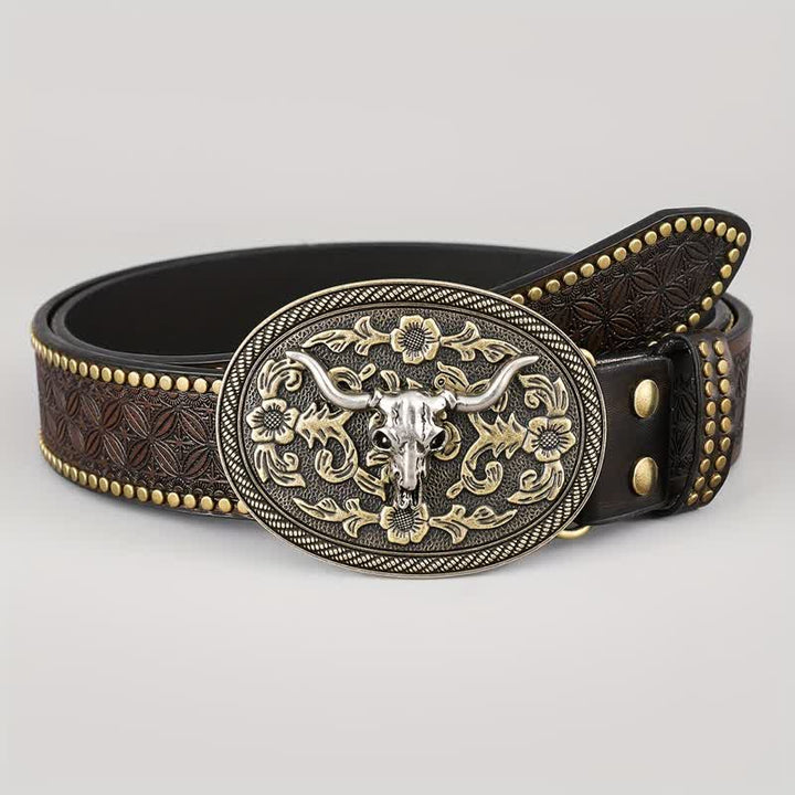 Ceinture en cuir marron foncé avec tête de taureau en relief pour homme