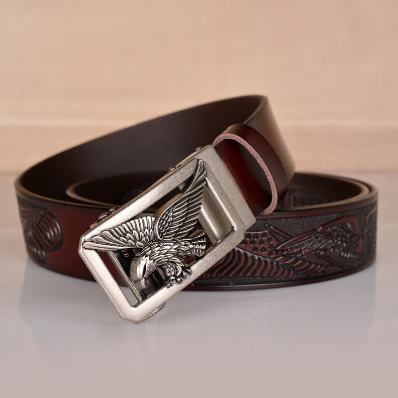 Ceinture en cuir gaufré à boucle aigle creuse pour homme