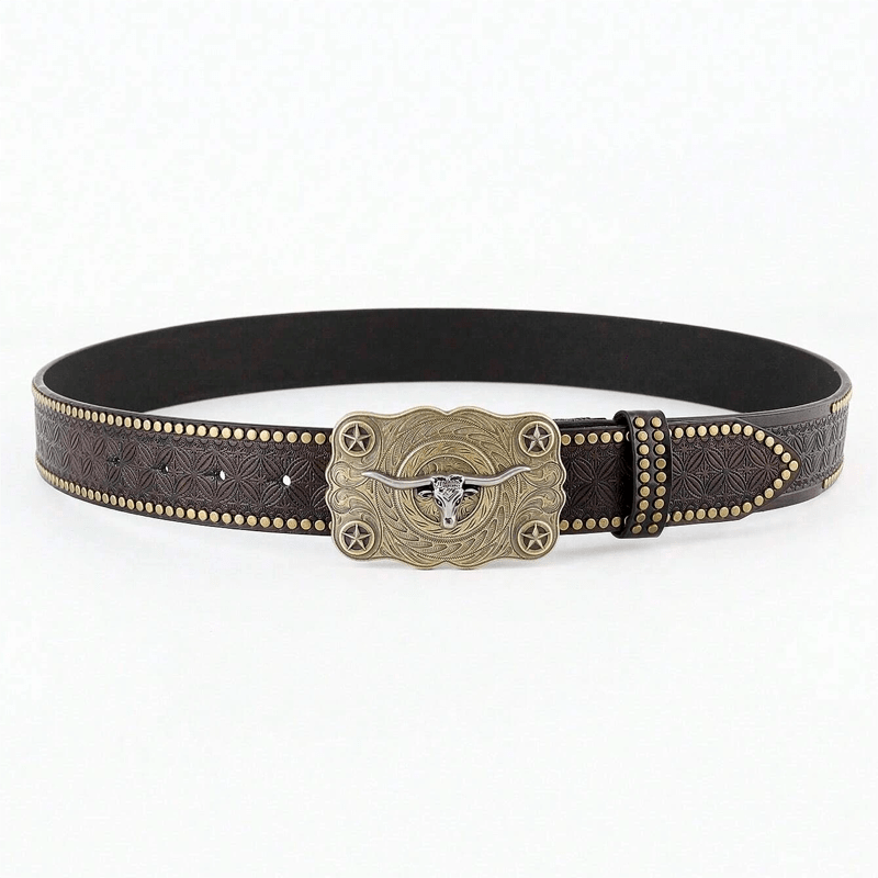 Ceinture en cuir cloutée à tête de taureau Longhorn pour homme