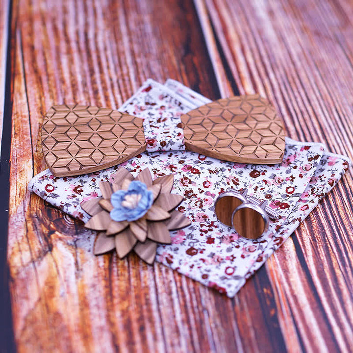 Lot de 4 nœuds papillon en bois sculpté géométrique pour homme